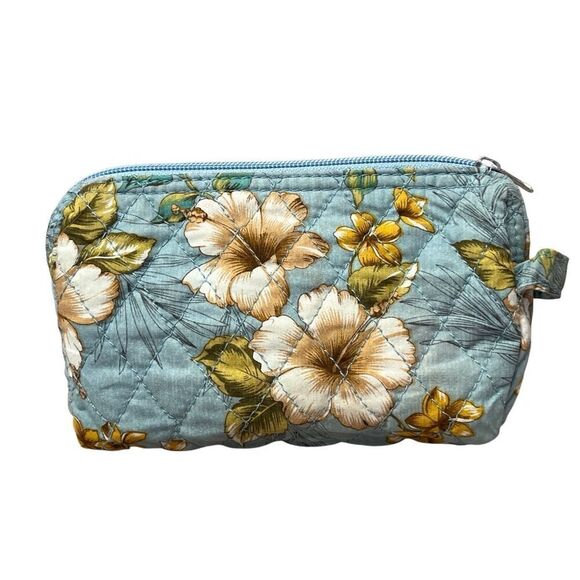 Blue Hibiscus Cotton Quilted Cosmetic Bag Floral 6.5" x 3.5" - Picture 1 of 6